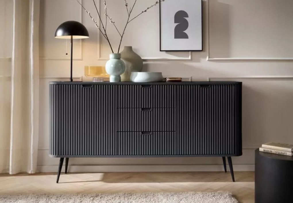 Komoda nowoczesna Fulgeo 168cm szuflady szafki ryflowana loft glamour czarna kaszmir biała