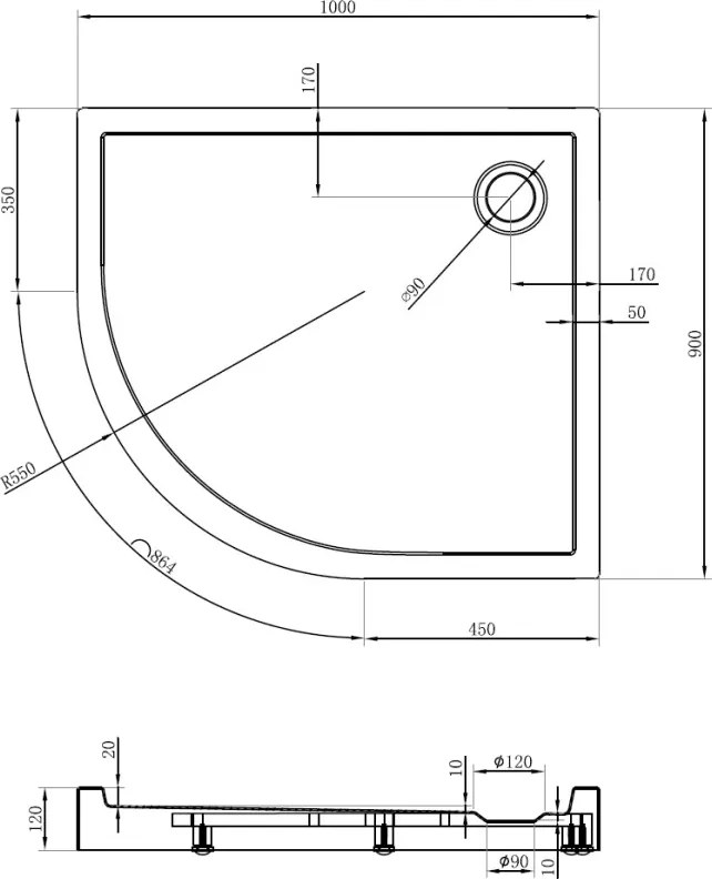 Mexen Flow+ brodzik półokrągły asymetryczny prawy 100 x 90 cm, biały połysk - 46Q109010RH