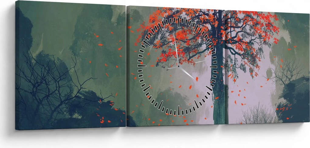 Obraz samotnego czerwonego drzewa (z zegarem) (90x30 cm)