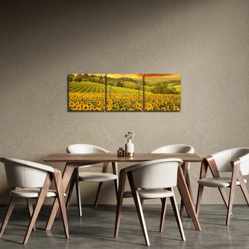 Obraz - Pole słoneczników (z zegarem) (90x30 cm)