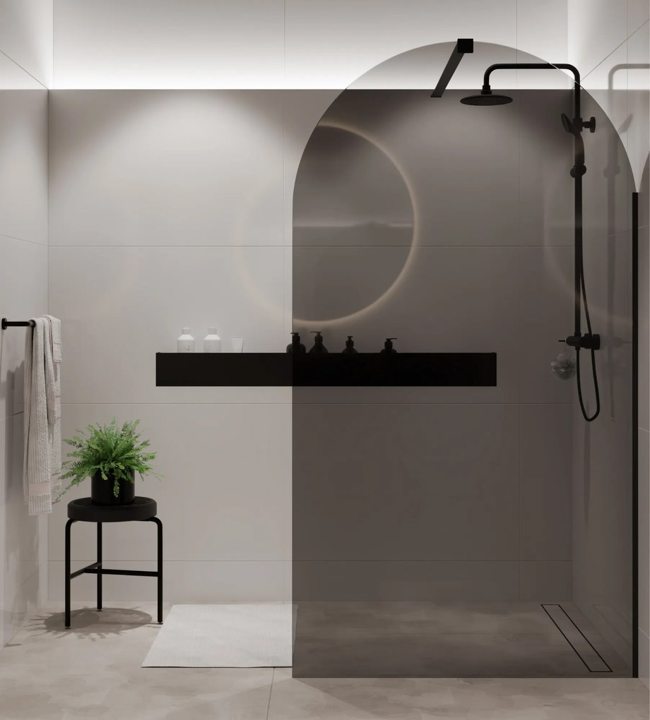 Ścianka prysznicowa WALK IN fix grafitowa półokrągła 8mm MOLIS Grafit Oval MASSI | Różne rozmiary : Kolor profili kabiny - złoty szczotkowany, Szerokość ścianki - 90 cm , Typ montażu - WALK in FIX (Do ściany)