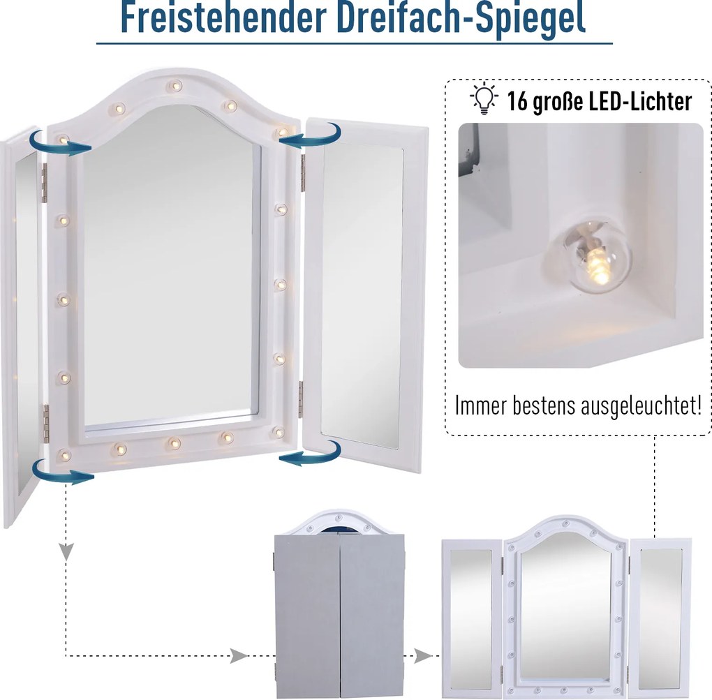 Homcom® lustro do makijażu kosmetyczne 16 lampek led usb/baterie białe