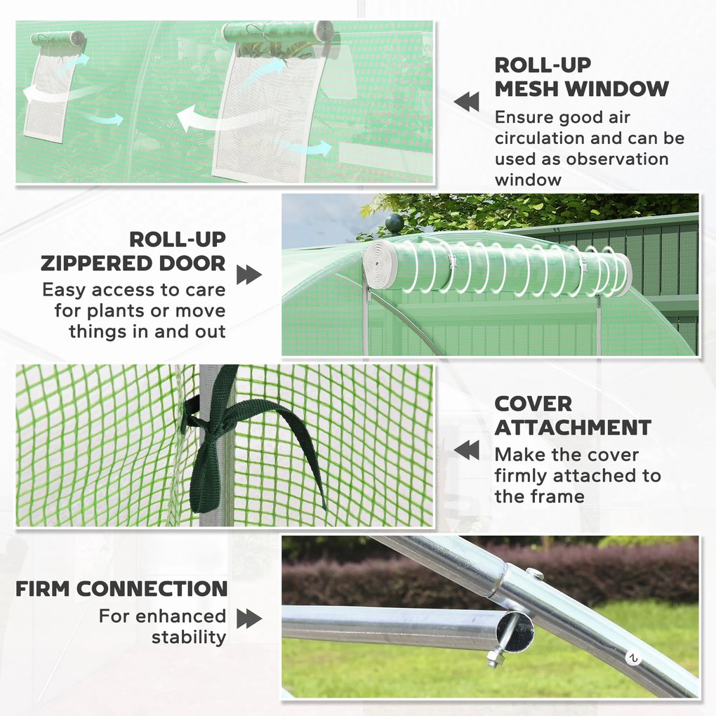Outsunny Szklarnia Foliowa z 8 Oknami z Siatką przeciw Owadom Solidna Folia Stelaż Stalowy 6x3x2m Zielony | Aosom PL