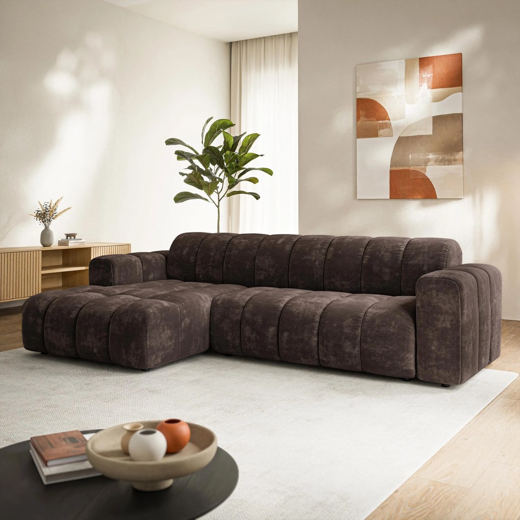 Masseno Narożnik SETIA Lewostronny, L-Kształtny, Nowoczesna Sofa narożna, Tkanina Szenilowa - Brązowy, LUMO 40