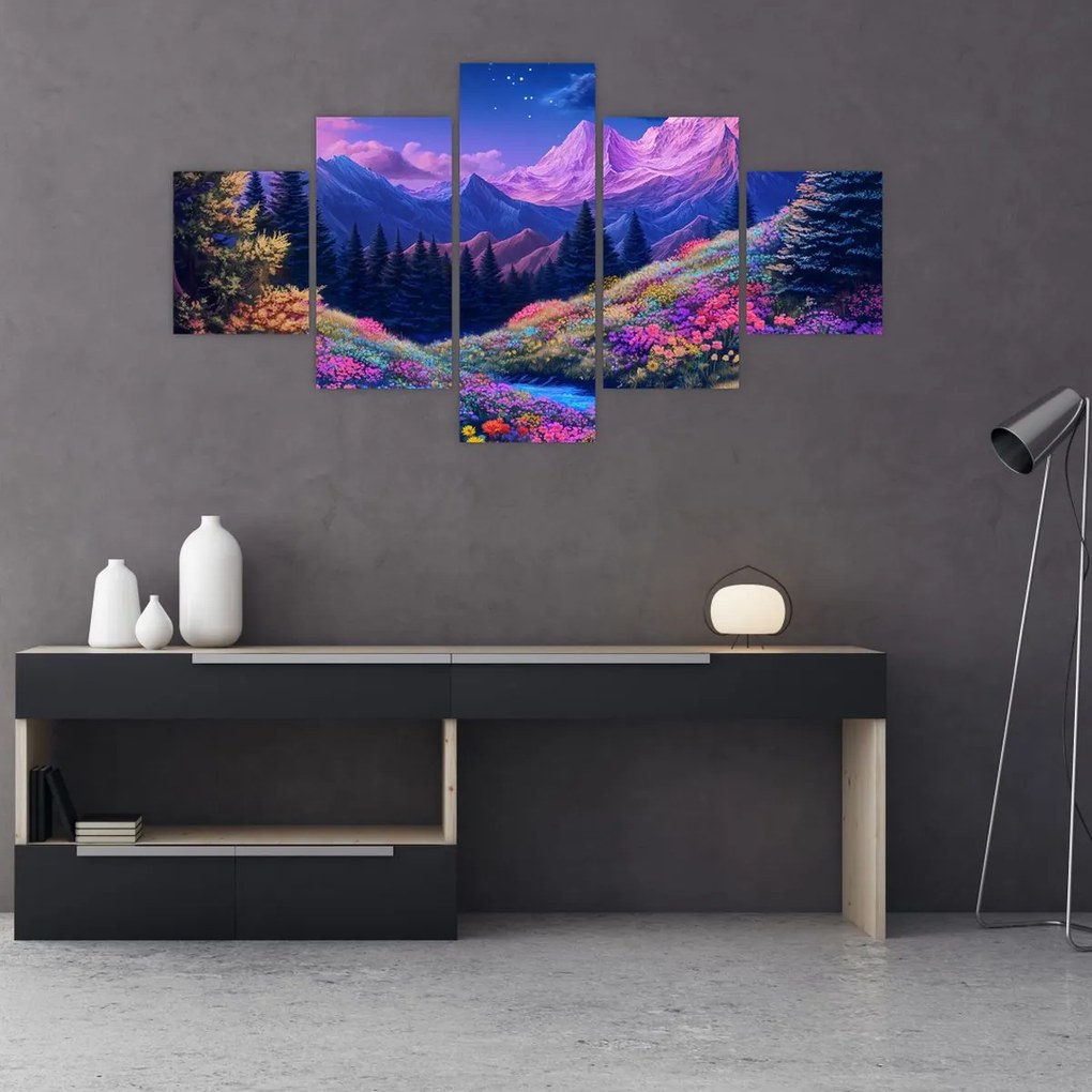 Obraz - Fioletowy krajobraz przy pełni księżyca (125x70 cm)