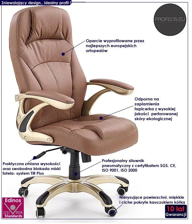 Ergonomiczny jasnobrązowy fotel obrotowy z ekoskóry - Mantis