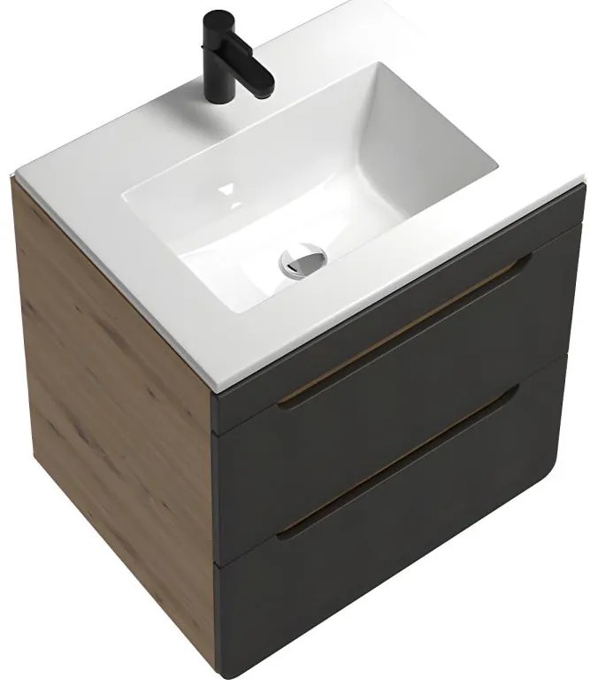 Szafka łazienkowa wisząca z umywalką w zabudowie - Kolory naturalny i antracytowy - 60 cm - ARUBA