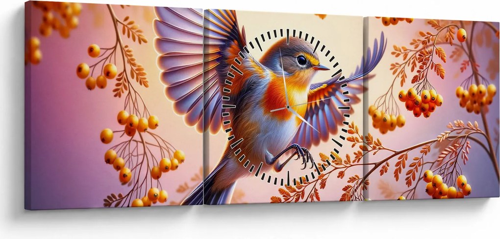Obraz - Ptak z jarzębiną (z zegarem) (90x30 cm)