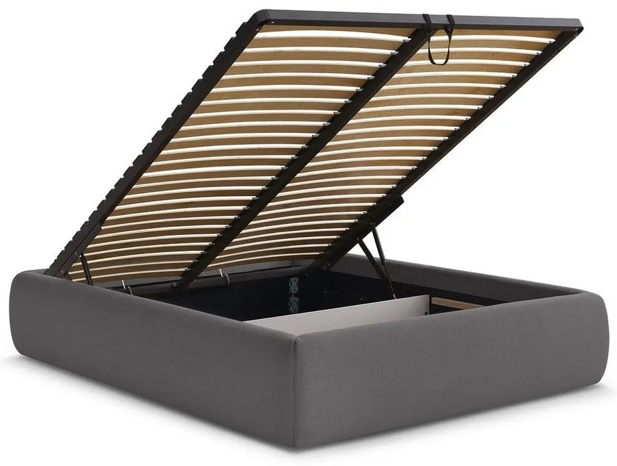Ciemnoszare tapicerowane łóżko dwuosobowe bez zagłówka ze schowkiem i stelażem 160x200 cm Inera – Bobochic Paris