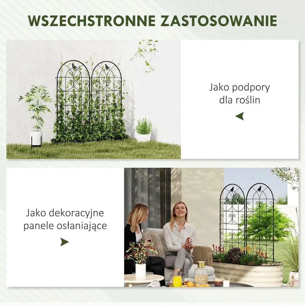 Metalowa Pergola Outsunny, Zestaw 2szt. do Wbijania, Odporna na Rdzę, z Motywem Ptaków na Rośliny Pnące 50x120 cm, Czarna