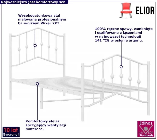 Białe metalowe łóżko loftowe 90x200 cm - Honta