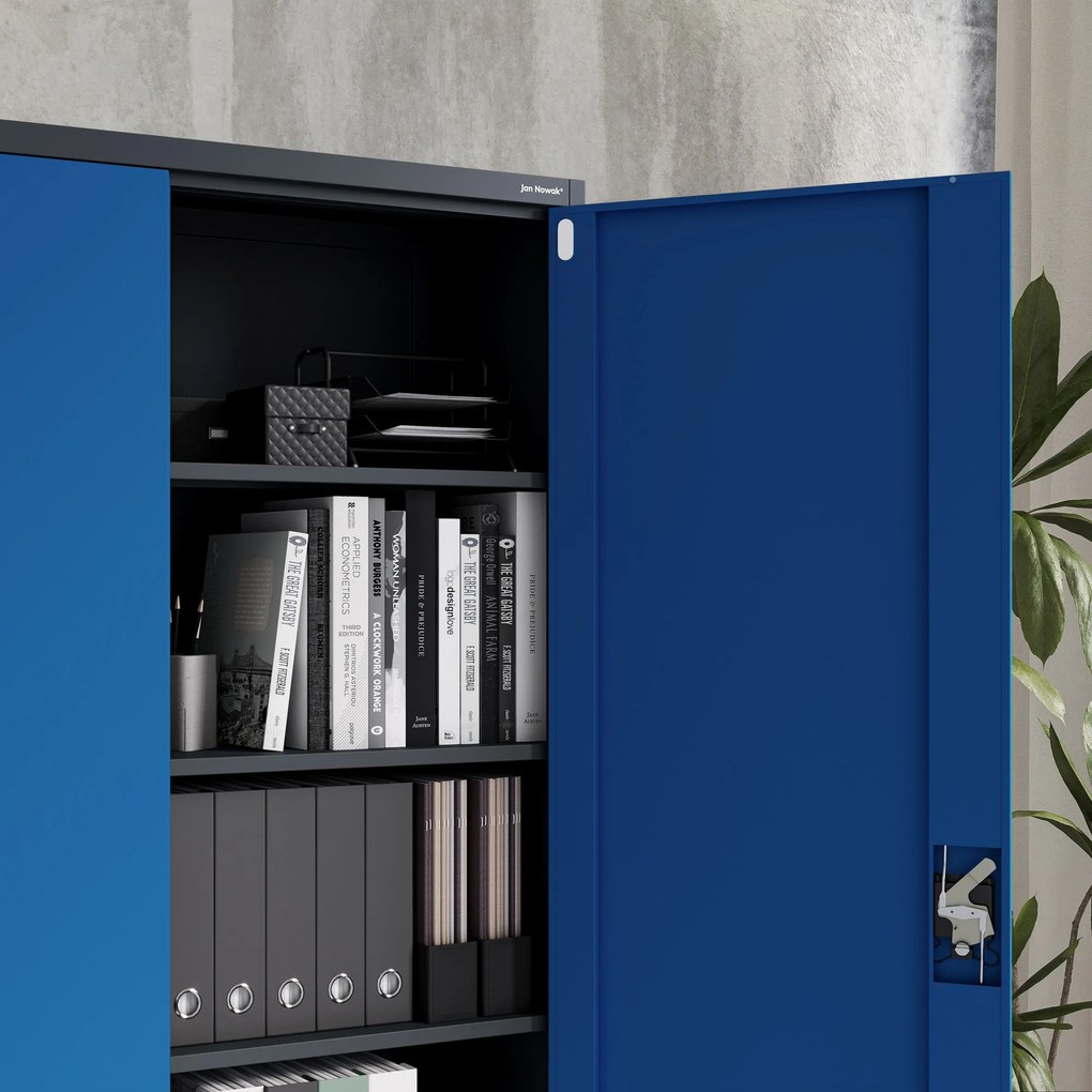Szafa biurowa metalowa na akta antracytowo-niebieska JAN II, 1150 x 1850 x 400 mm