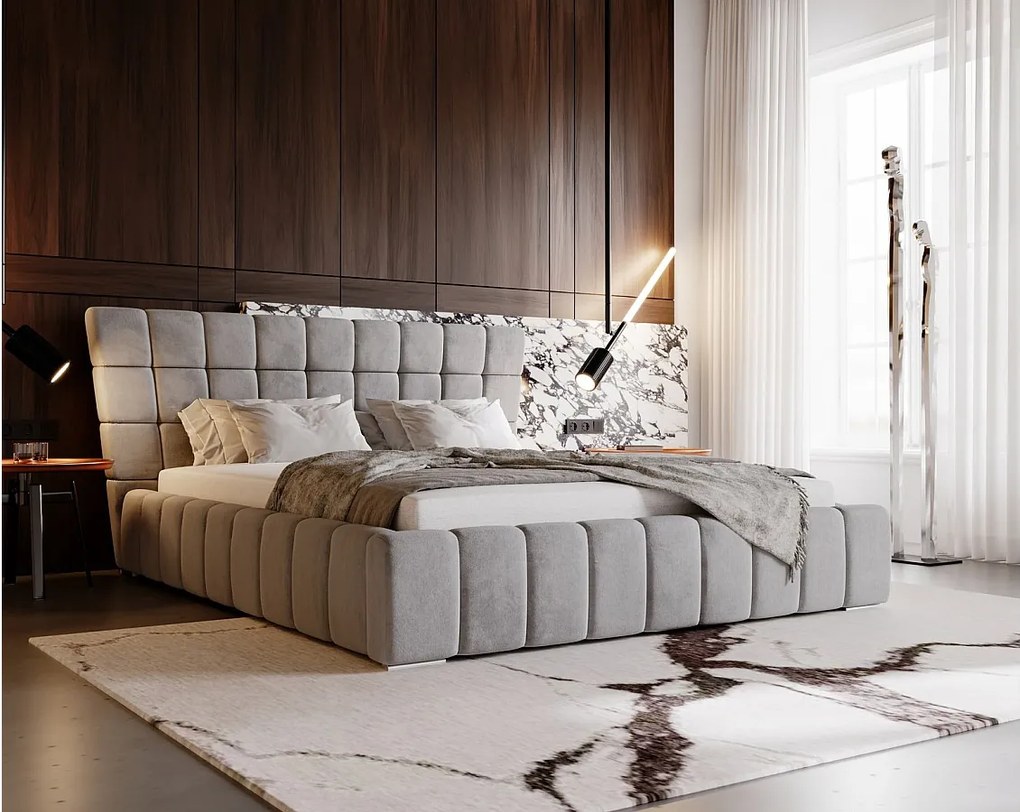 Emporius Deluxe łóżko tapicerowane 180x200 cm - łóżko przeszywane w nowoczesnym stylu - pojemnik i stelaż, tkanina aksamitna, szary (Magic Velvet 2217)