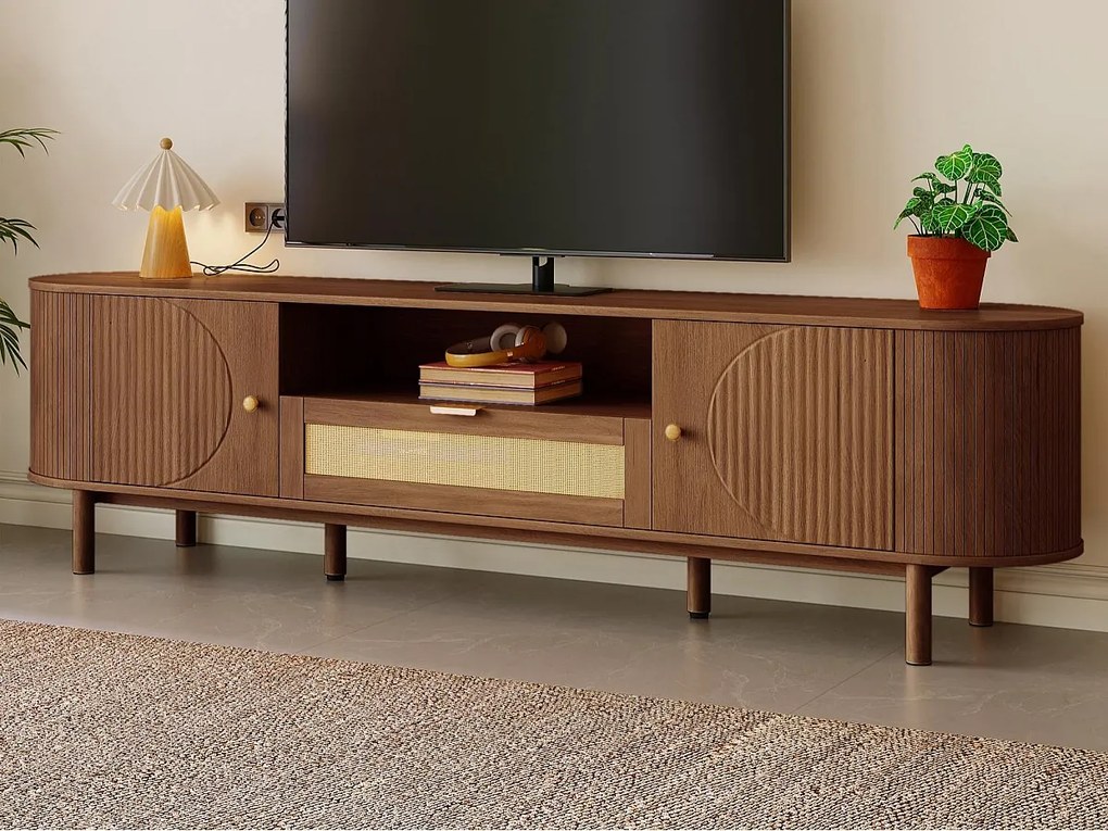 Nowoczesne meble TV 175x36x51 cm - 1 szuflada z rattanu i 2 drzwi - Otwarte półki - Brązowy