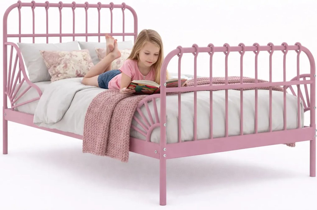 Różowe metalowe łóżko rosnące z dzieckiem 80x130/200 cm K4-N75