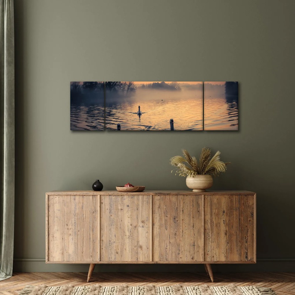 Obraz łabędzi na wodzie we mgle (170x50 cm)