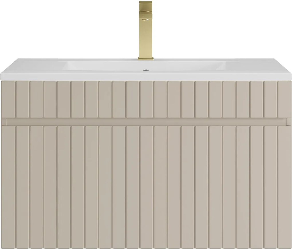 Wisząca szafka łazienkowa prążkowana beżowa z umywalką podblatową do zabudowy i baterią – 80 cm – SATARA