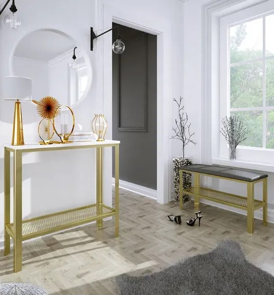 Nowoczesna konsola z półką złoty + biały połysk P4-C69