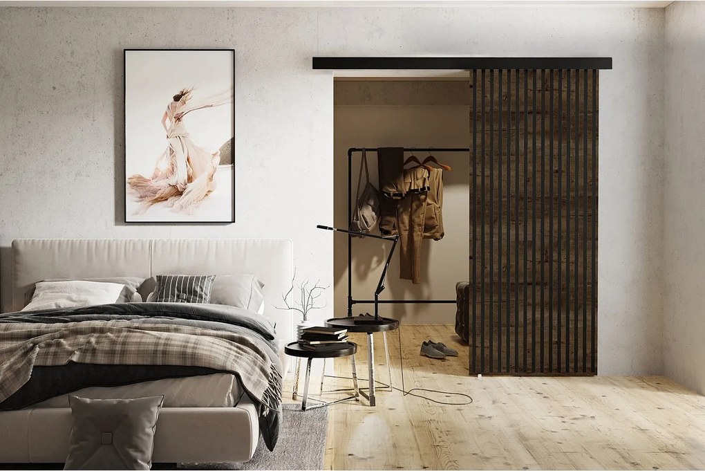 Emporius drzwi naścienne 90 cm Belor - nowoczesne drzwi z imitacją lameli, drzwi naścienne jesion ciemny