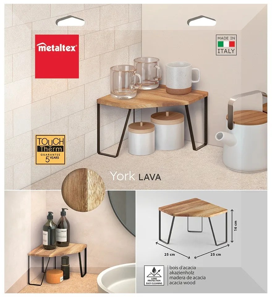 Narożna drewniana dodatkowa półka w czarno-naturalnym kolorze 25x25 cm York – Metaltex