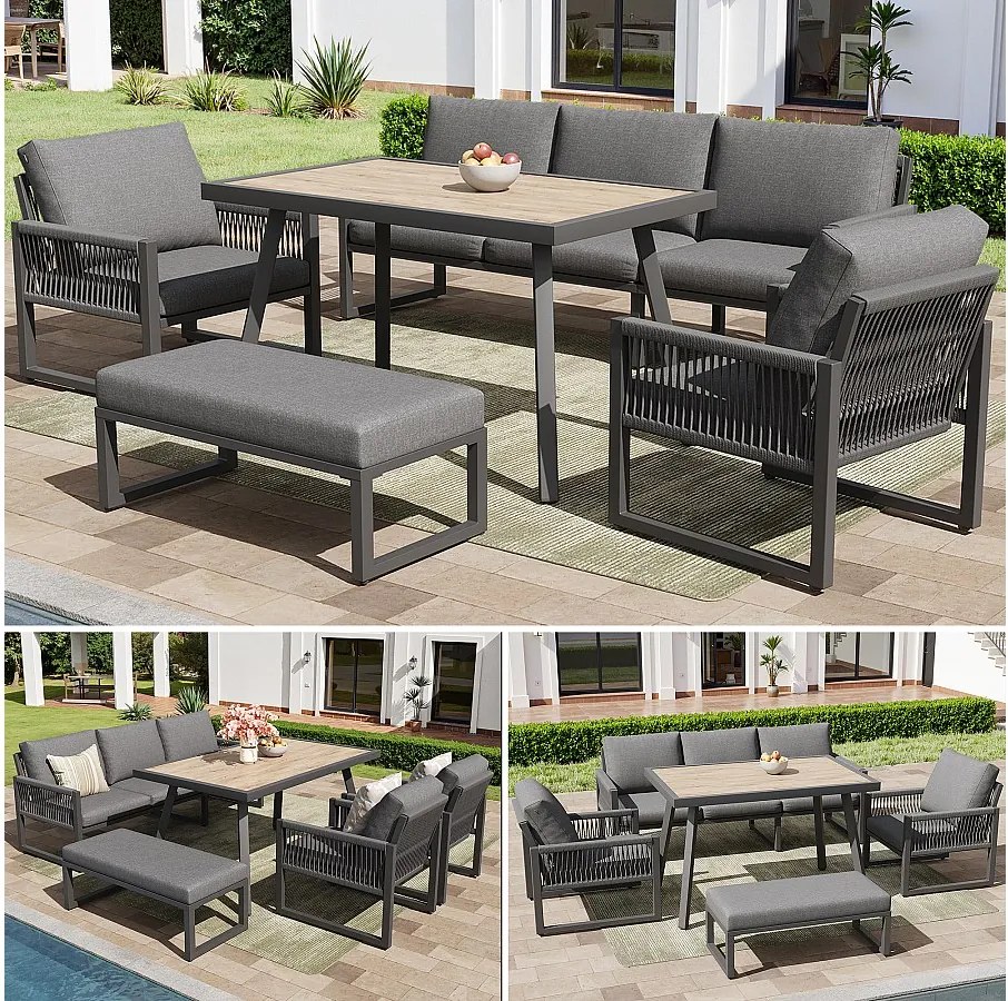 Zestaw mebli ogrodowych 6-7-osobowy - zestaw wypoczynkowy ze stołem + poduszki na siedzisko i oparcie - metalowy - szary