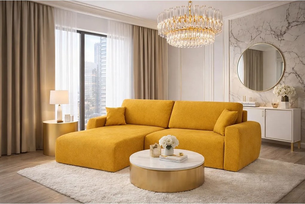 Narożnik z funkcją spania i pojemnikiem Ariel XL, tkanina welurowa Salvador, Żółty, Lewy