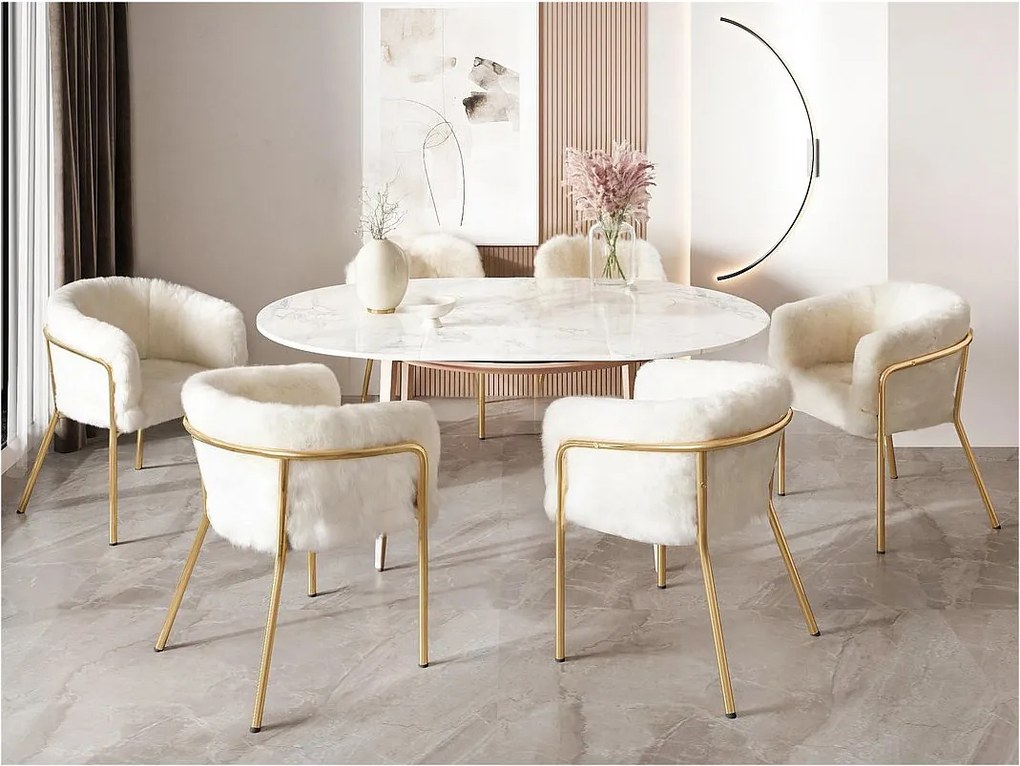 Zestaw 6 leżaków do jadalni, salonu lub sypialni - z materiału przypominającego króliczy puch - z 4 złotymi metalowymi nogami - beżowy