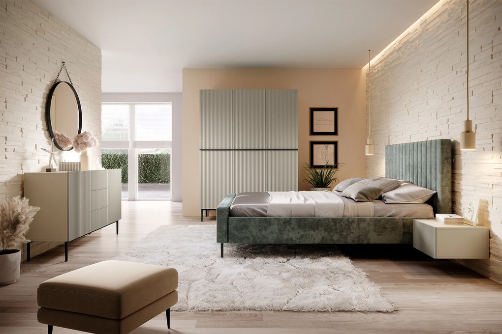 Komoda Nicole 150 cm z szufladami i ryflowanym frontem - kaszmir / czarne nóżki