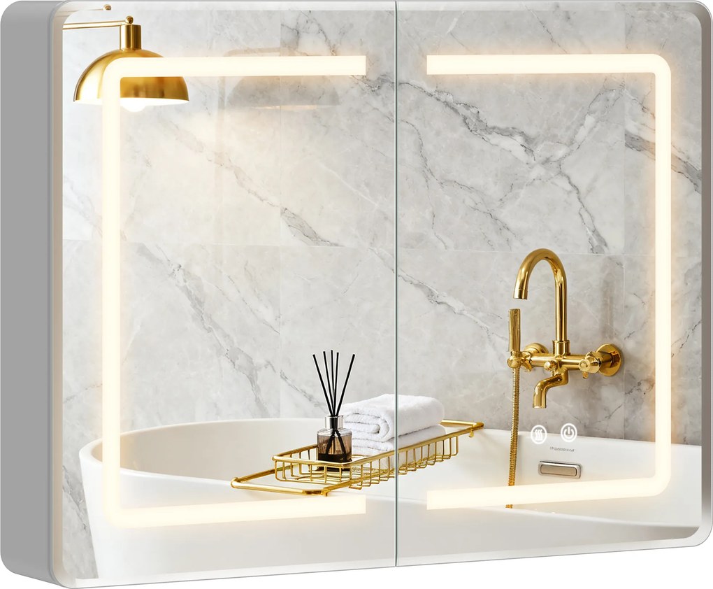 HOMCOM Szafka łazienkowa z lustrem LED, 60 x 80 cm, z funkcją odparowywania, regulowane oświetlenie w 3 kolorach | Aosom PL