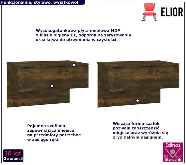Zestaw dwóch wiszących szafek nocnych wędzony dąb - Eldomi