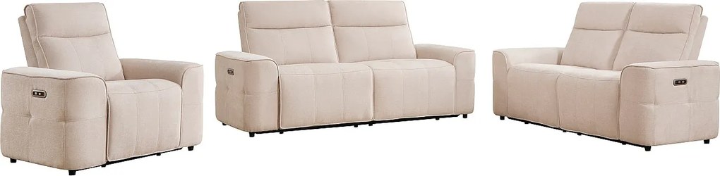 Kanapa 3-osobowa, 2-osobowa i fotel elektryczny rozkładany z beżowej tkaniny szenilowej SCAMOCO