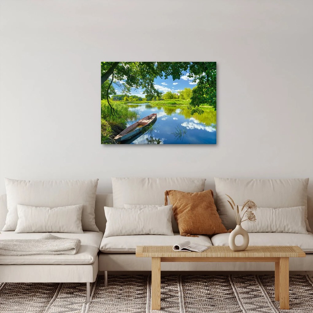 Obraz letniej rzeki z łodzią (70x50 cm)