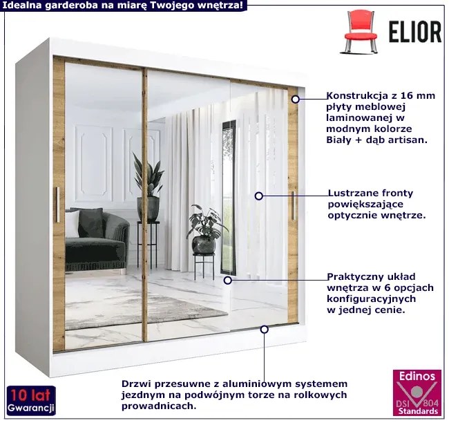 Szafa przesuwna z lustrem biały + dąb artisan 200 cm - Kukkin 6X