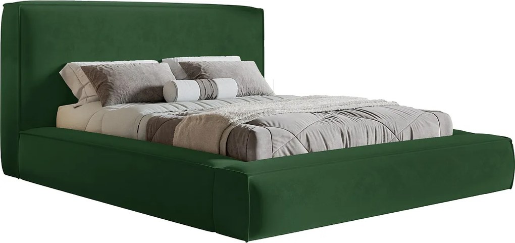 Łóżko tapicerowane 140x200 Karano z lamówką - pojemnik i stelaż metalowy - welur, zielony (Amor Velvet 4311)