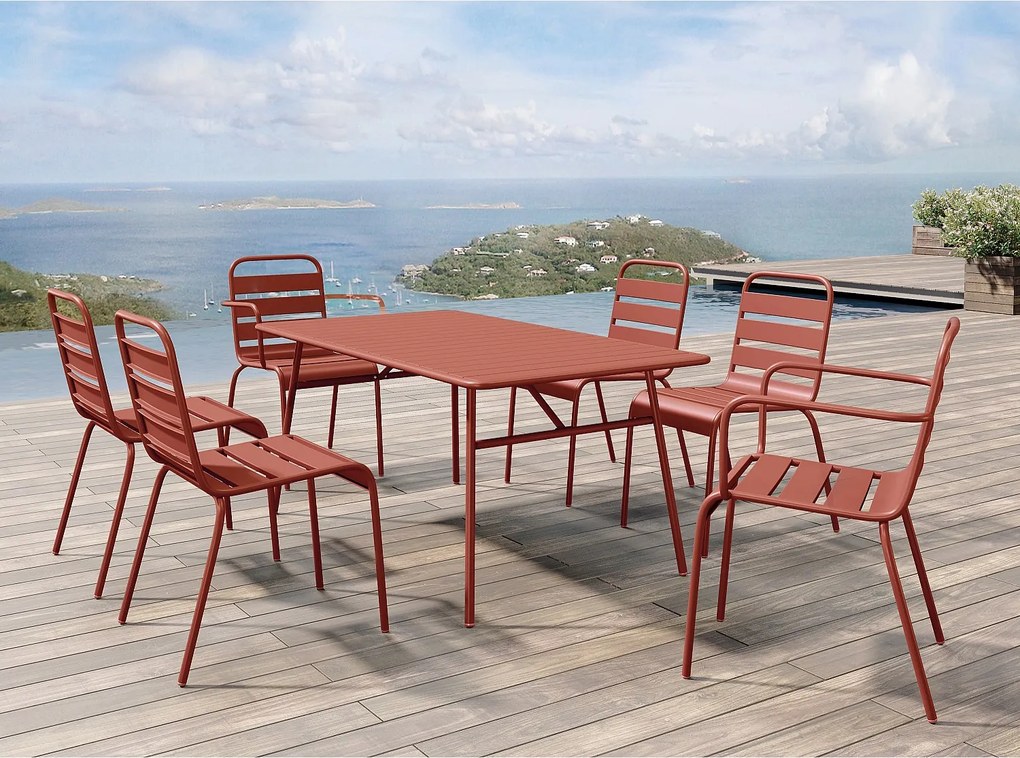 Metalowa jadalnia ogrodowa - stół dł.160 cm z 2 sztaplowanymi fotelami i 4 sztaplowanymi krzesłami - Terakota - MIRMANDE