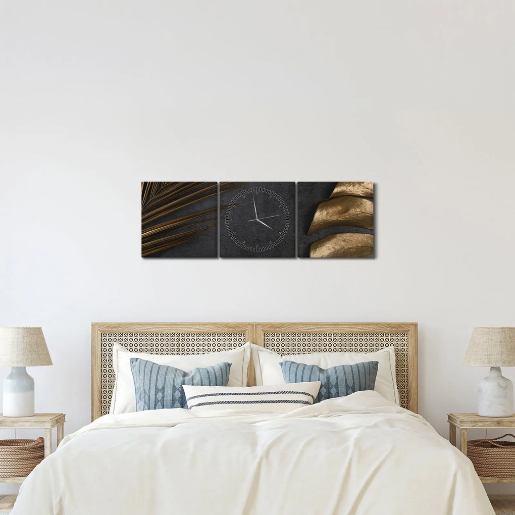Obraz ze złotymi liśćmi (z zegarem) (90x30 cm)