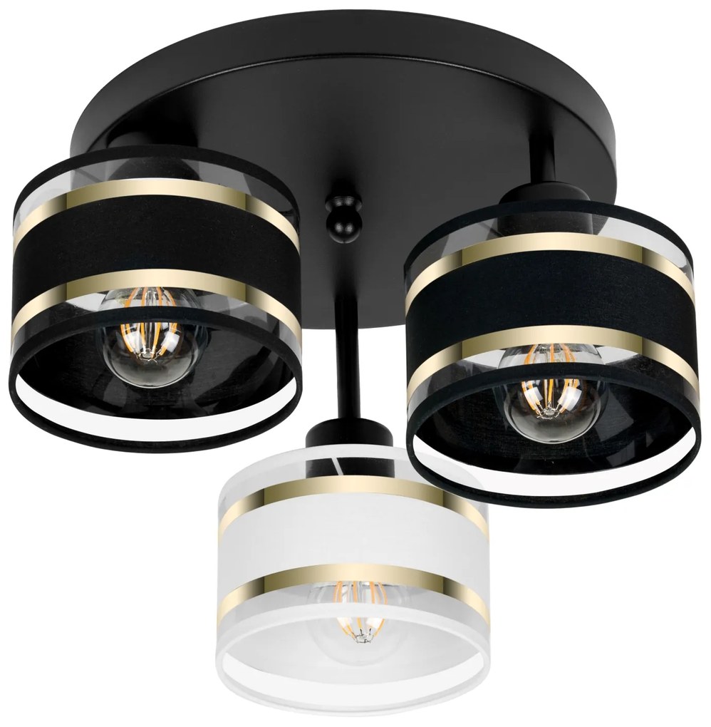 Lampa sufitowa czarna trzypunktowa z czarno-białymi abażurami T-3030SC