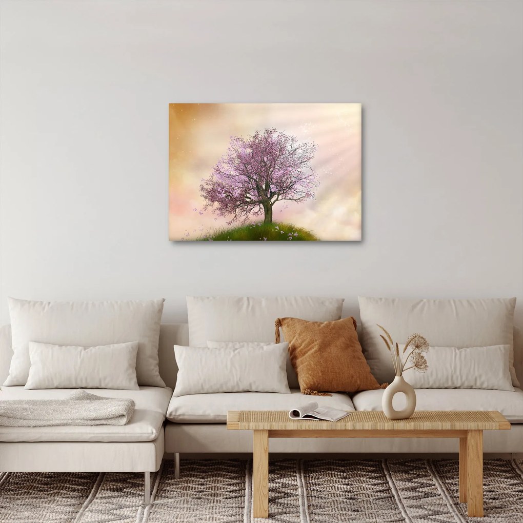 Obraz kwitnącego drzewa na szczycie wzgórza (70x50 cm)