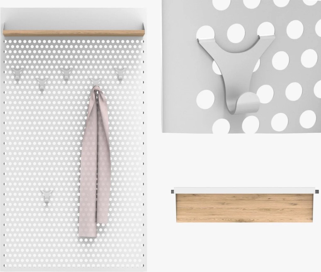 Szeroki wieszak wiszący z półką Loft LW2, biały/dąb wotan