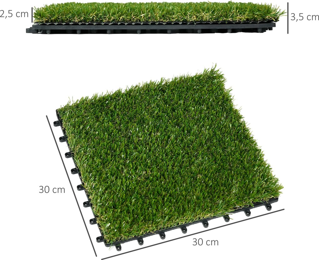 Outsunny 10 Sztuk Sztuczna Trawa 30 x 30 cm Maty Trawne Rolka Trawy Sztucznej 25 mm Plastikowa Ciemnozielona - Idealne do Ogrodu i Balkonu