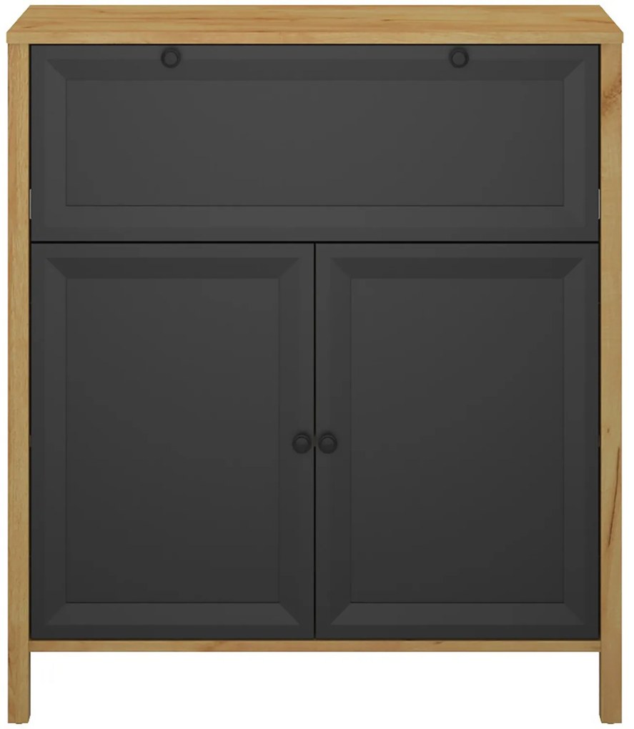 Komoda Dwudrzwiowa z Szufladą Drewniana do Salonu NORIA 88 cm Dąb craft złoty/czarny Loft