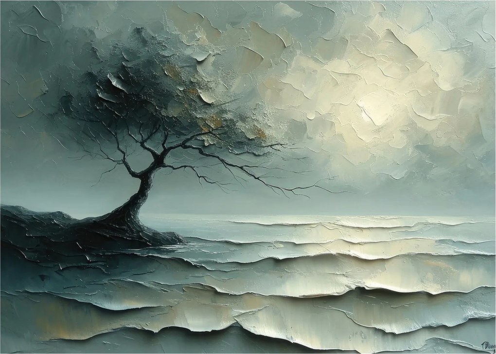 Obraz na szkle - Obraz olejny przedstawiający drzewo z oceanem (70x50 cm)