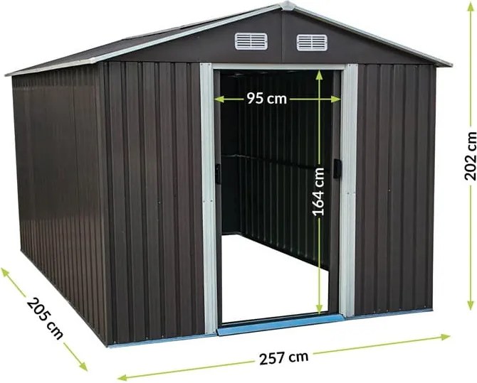 METALOWY DOMEK NARZĘDZIOWY 202x205x257 cm OGRODOWY Z DRZWIAMI PRZESUWNYMI