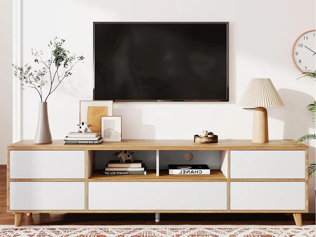 Meble TV 175 cm - 5 drzwi + 2 przegrody - styl nowoczesny - Naturalny i Biały