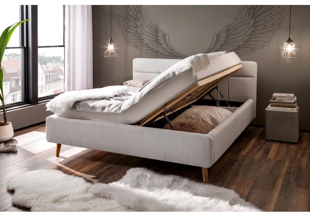Jasnoszare tapicerowane łóżko dwuosobowe ze schowkiem ze stelażem 160x200 cm Lotte – Meise Möbel