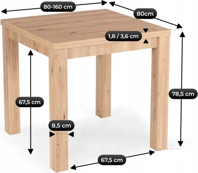 Stół Kwadratowy Rozkładany MAX 80-160 cm Dąb Artisan Nowoczesny
