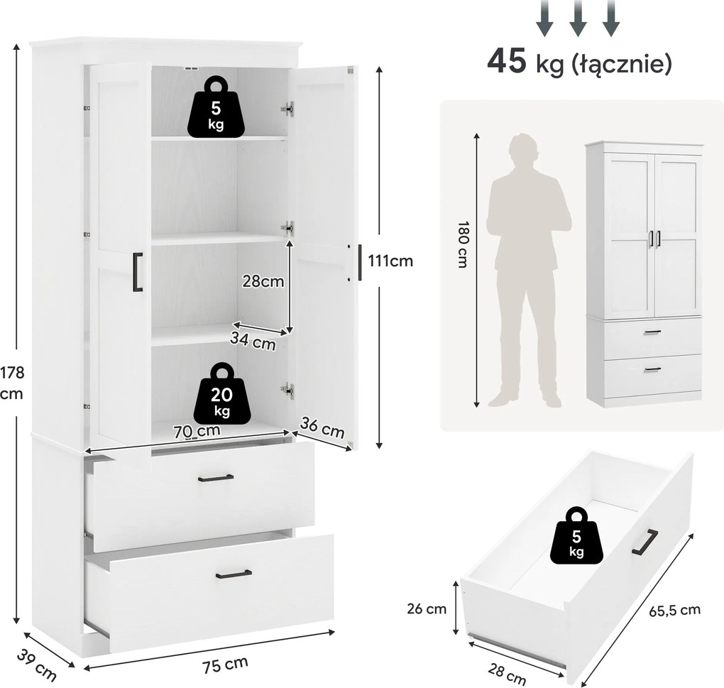 HOMCOM Samodzielnie stojąca szafka kuchenna z regulowanymi półkami i dwoma szerokimi szufladami do salonu, kuchni, Biała