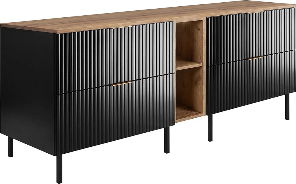 Szafka pod umywalkę, czarny/dąb Craft + złoty uchwyt, 180 (2 x 80 + 20) x 77 x 46 cm + blat, czarne nogi