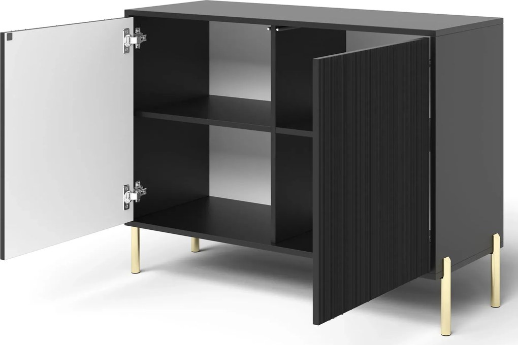 Czarna ryflowana komoda na złotych nóżkach E6-R75