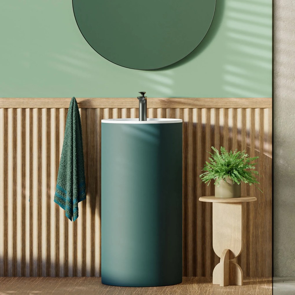 Umywalka wolnostojąca okrągła zielona matowa 87 x 44 cm KALMI GREEN MATT z otworem na baterię : Podłączenie syfonu - Do podłogi